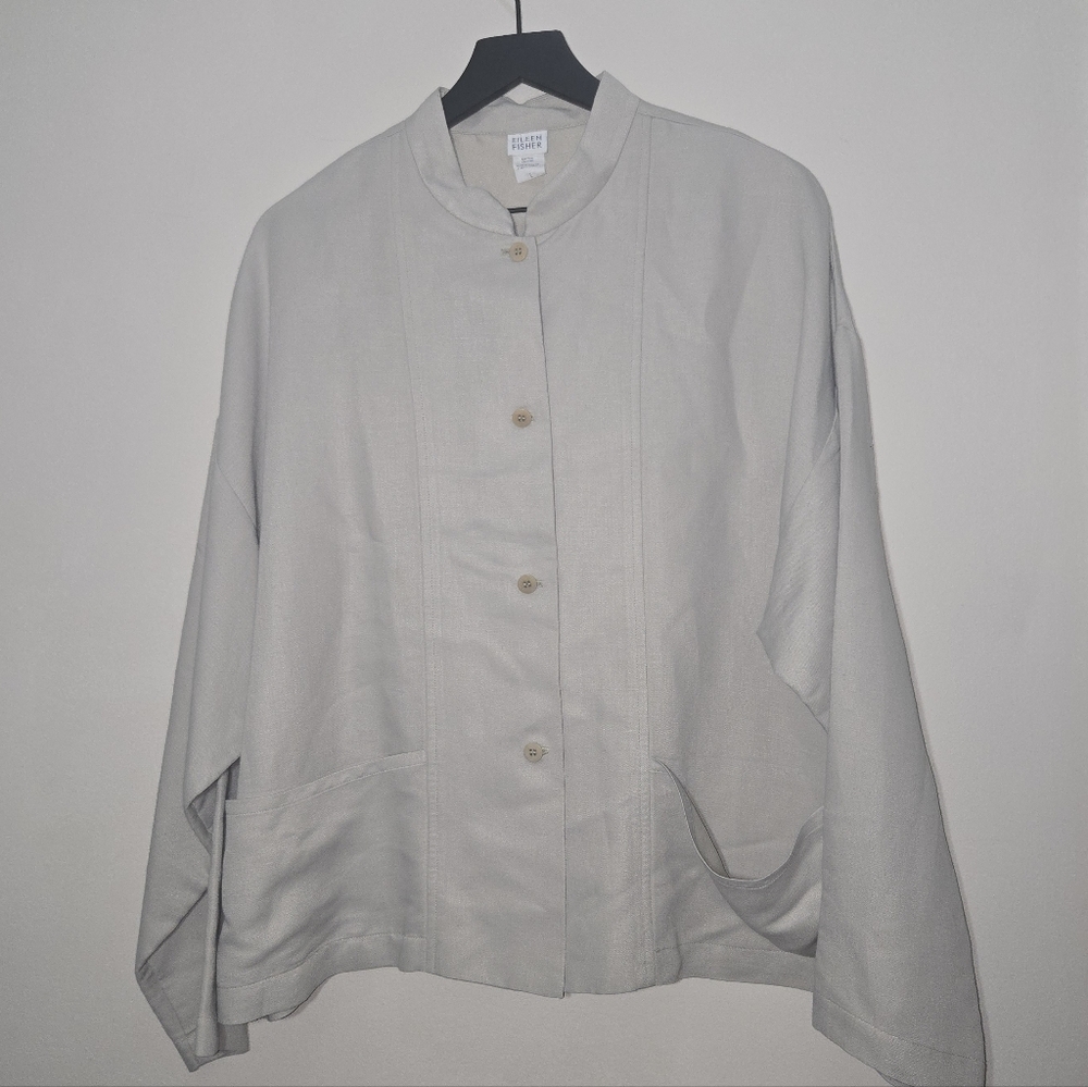 Eileen Fisher Linen Blend [Large] Beige Grey Luxury Leisure Light Jacket Blazer